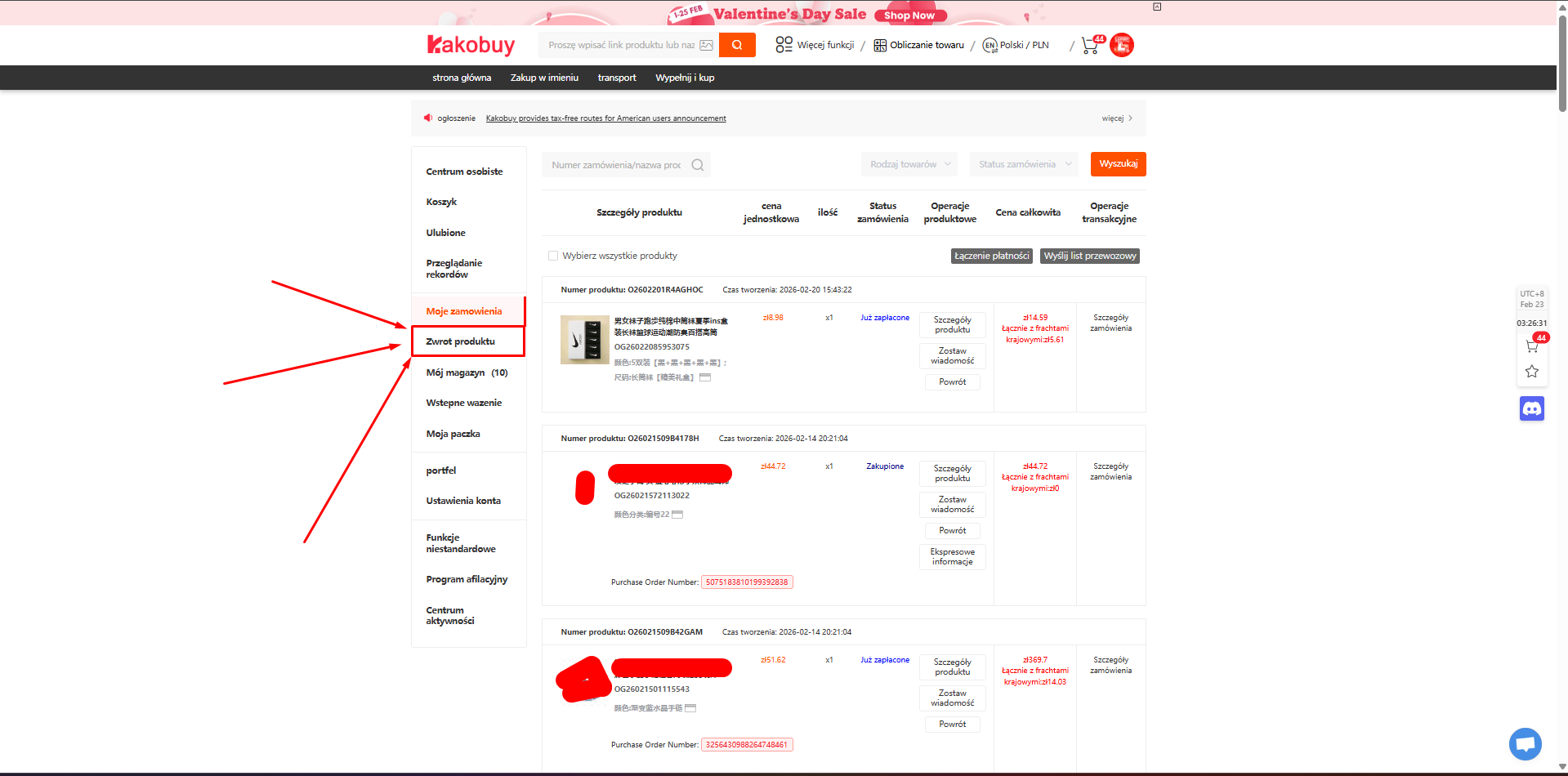 Product return tab Kakobuy